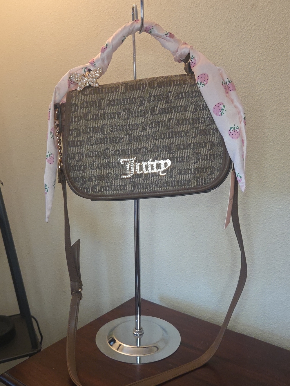 Juicy Couture Brown Logo Crossbody with Pink Strawberry Scarf